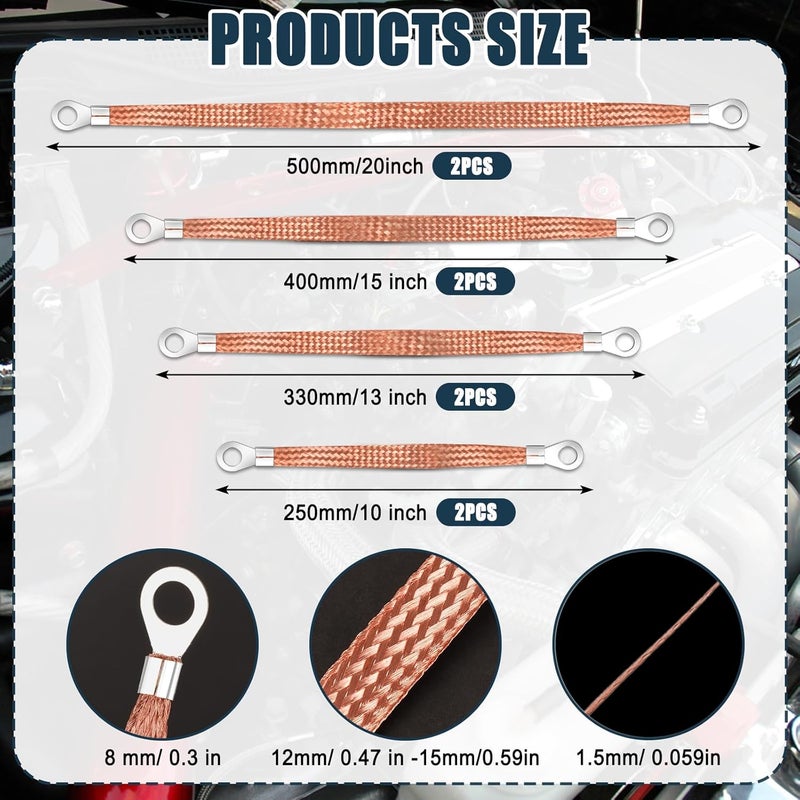 Draupnir Ground Strap Automotive,8pcs 10/13/15/20 inch Grounding Strap Vehicle Universal Engine Ground Straps Kit Copper Braided Grounds Straps GroundStrap Wire GroundStrap for Most Cars (Brown-Thicken) - Image 2
